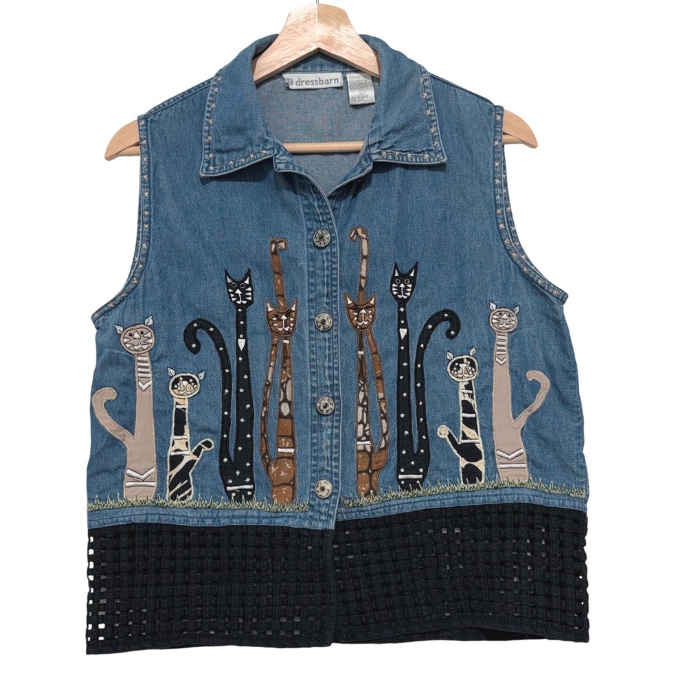 Cat Vest Denim Embroidered Women's Sz Large Vintage Kitsch Cat Lover